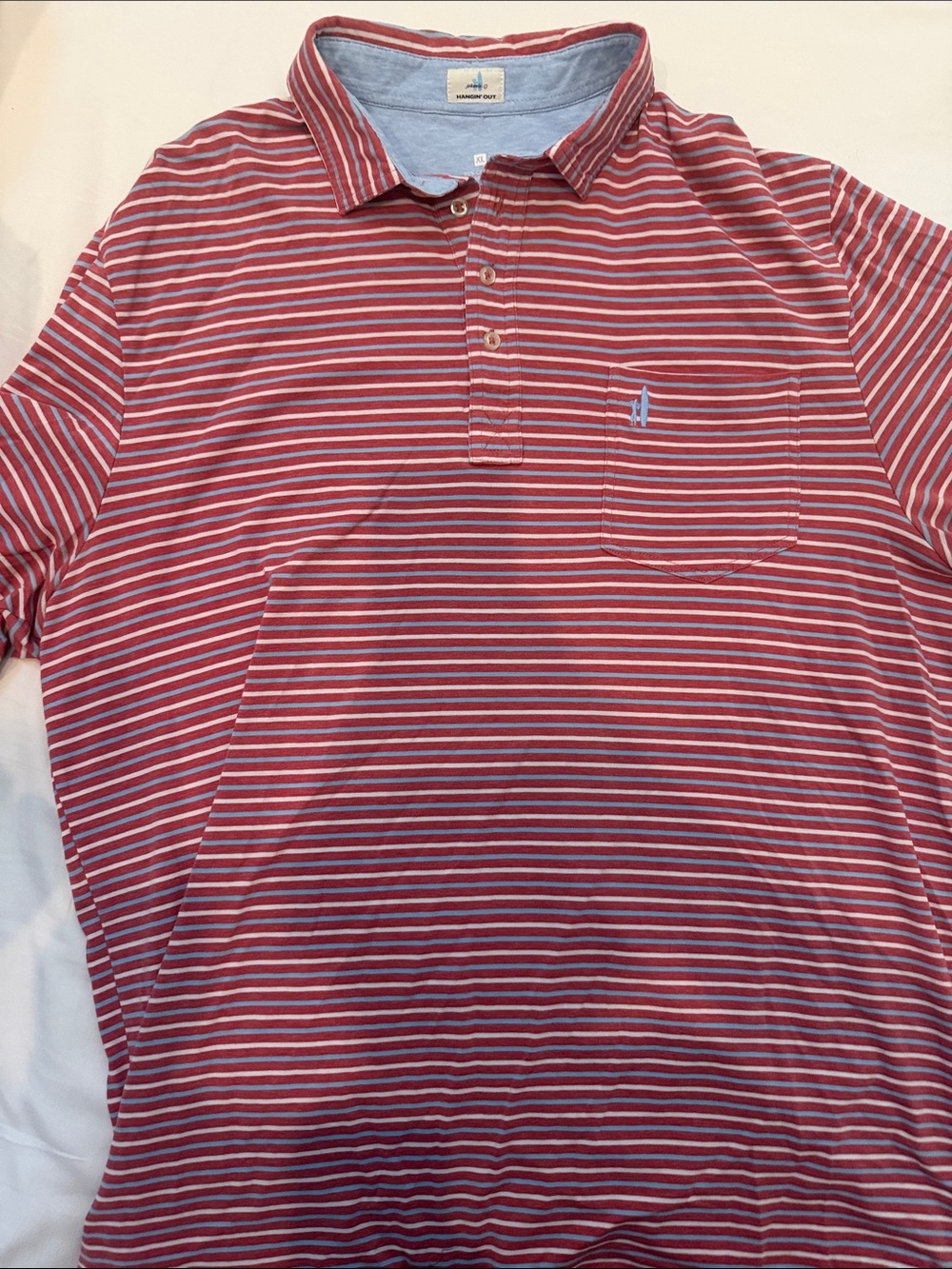 johnnie-O Red, White and Light Blue Striped Polo with Chest Pocket